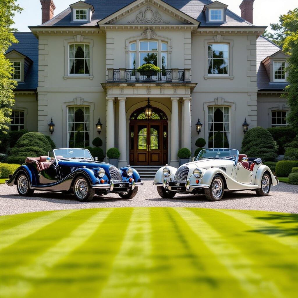 Classic Morgan Sports Cars Parked by Victorian Mansion