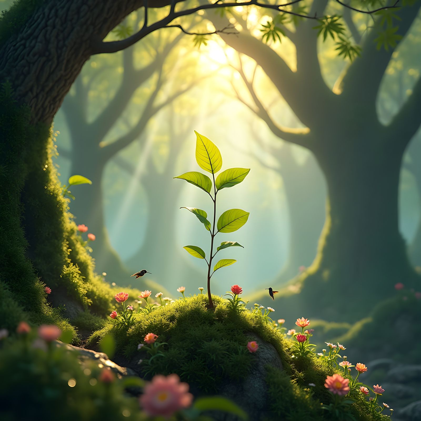 Sunlit Sapling Flourishes in Lush Fantasy Landscape