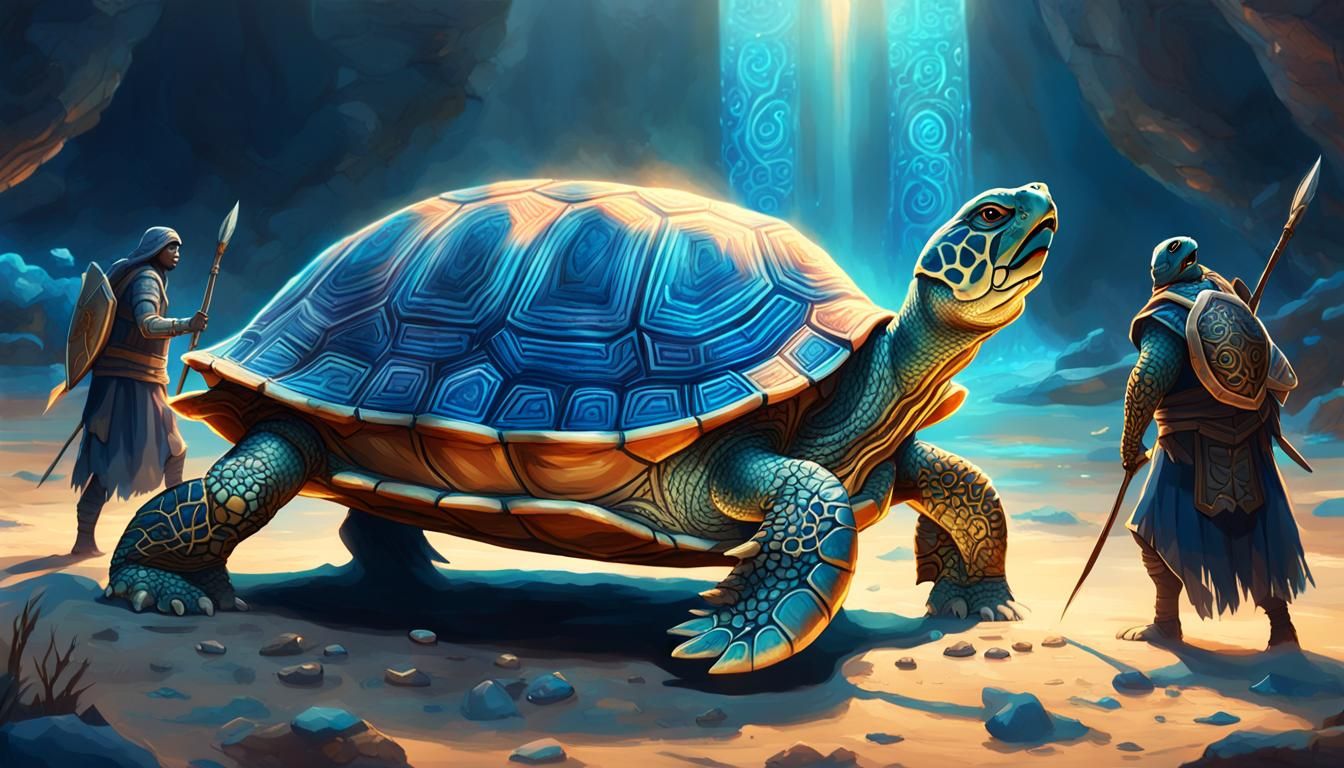 Turtle Guardian in Heroic Pose, Surrounded by Swirling Blue....