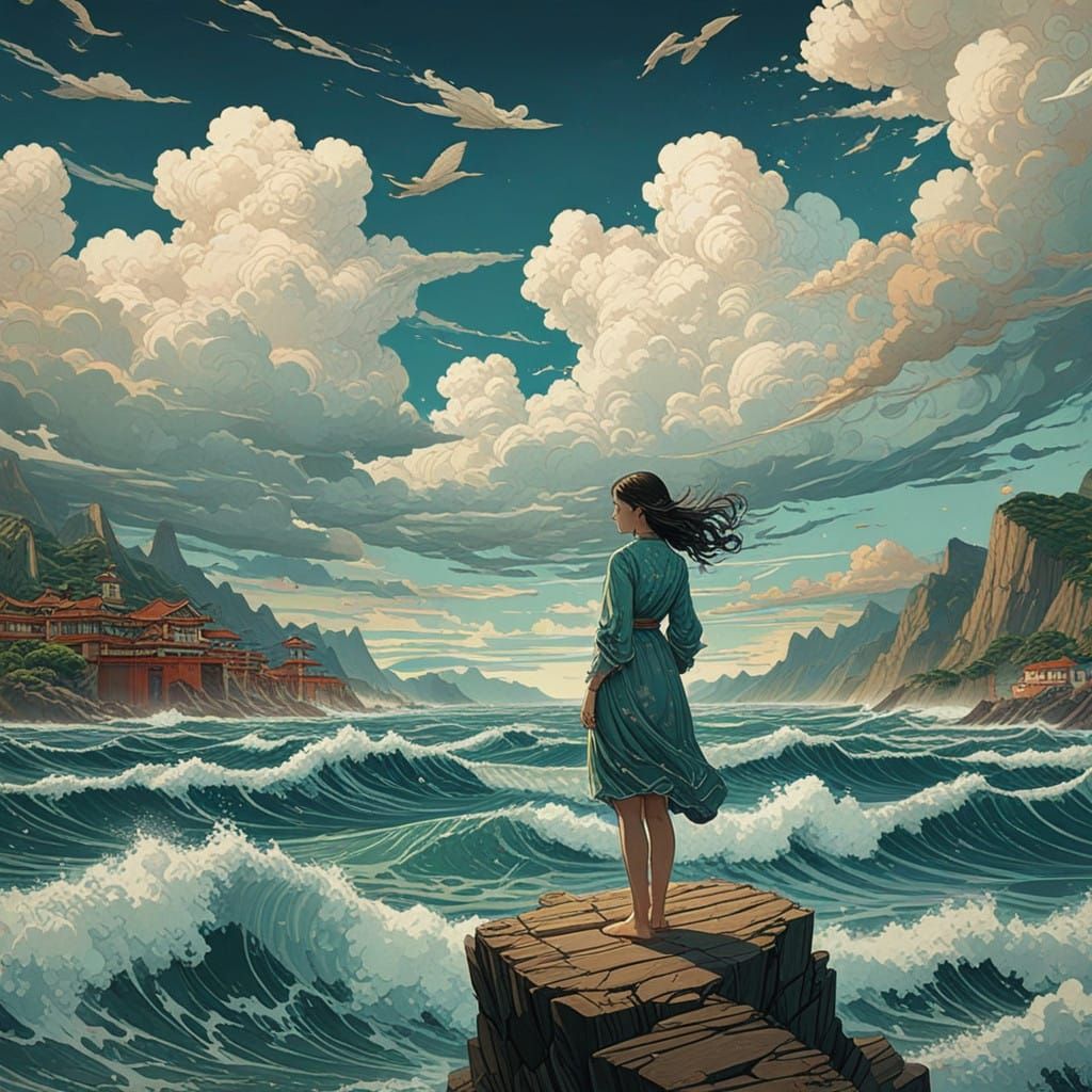 Clouds above the sea surrounding realistic women, 8k Illustration, insanely detailed, by Victo Ngai, sigital art, Cel-sh...
