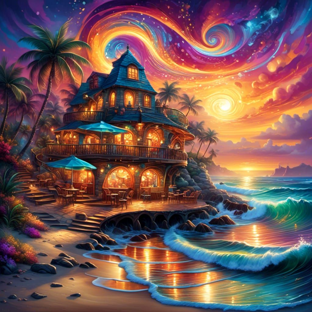 Fantastical Beach Bar at Night with Spiraling Colors