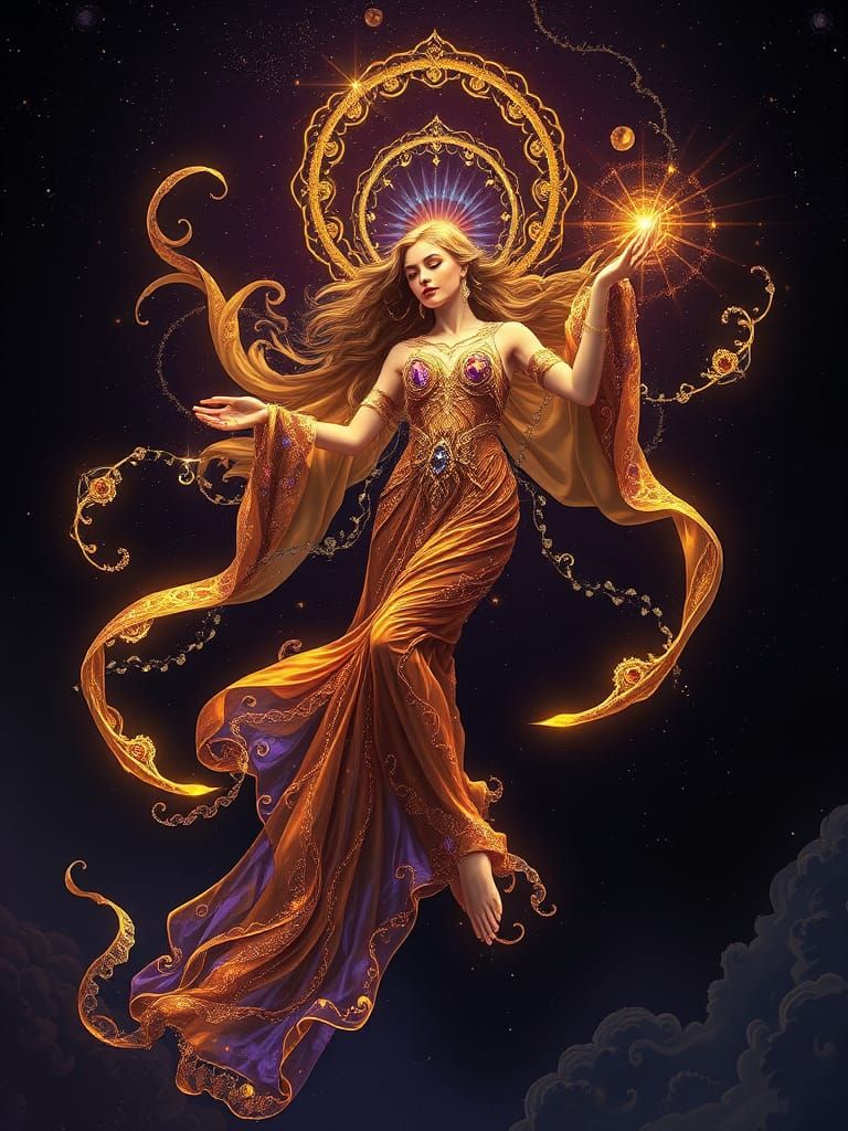 Majestic Celestial Goddess in Golden Splendor