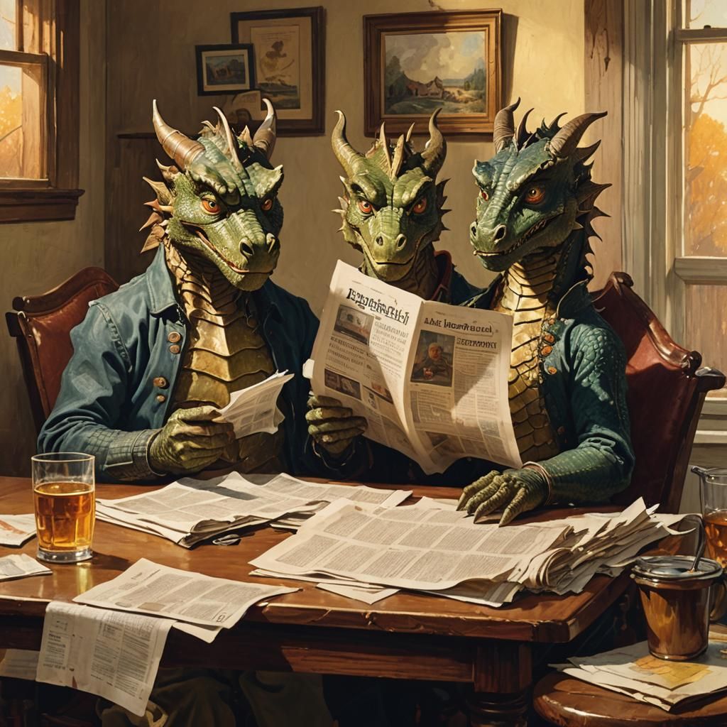 Dragons Reading Newspaper in American Regionalism Style