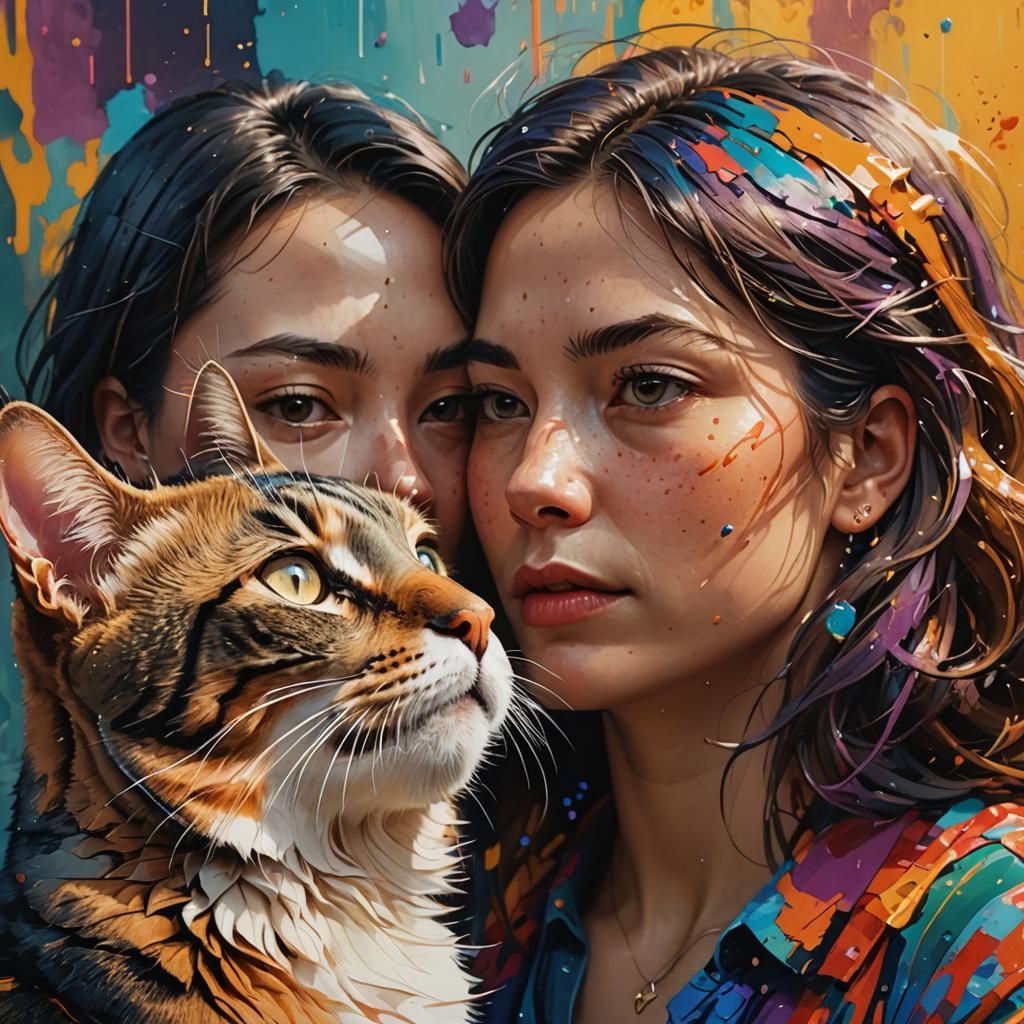 Hyperrealistic Cat-Woman Chimera in Splash Art Style