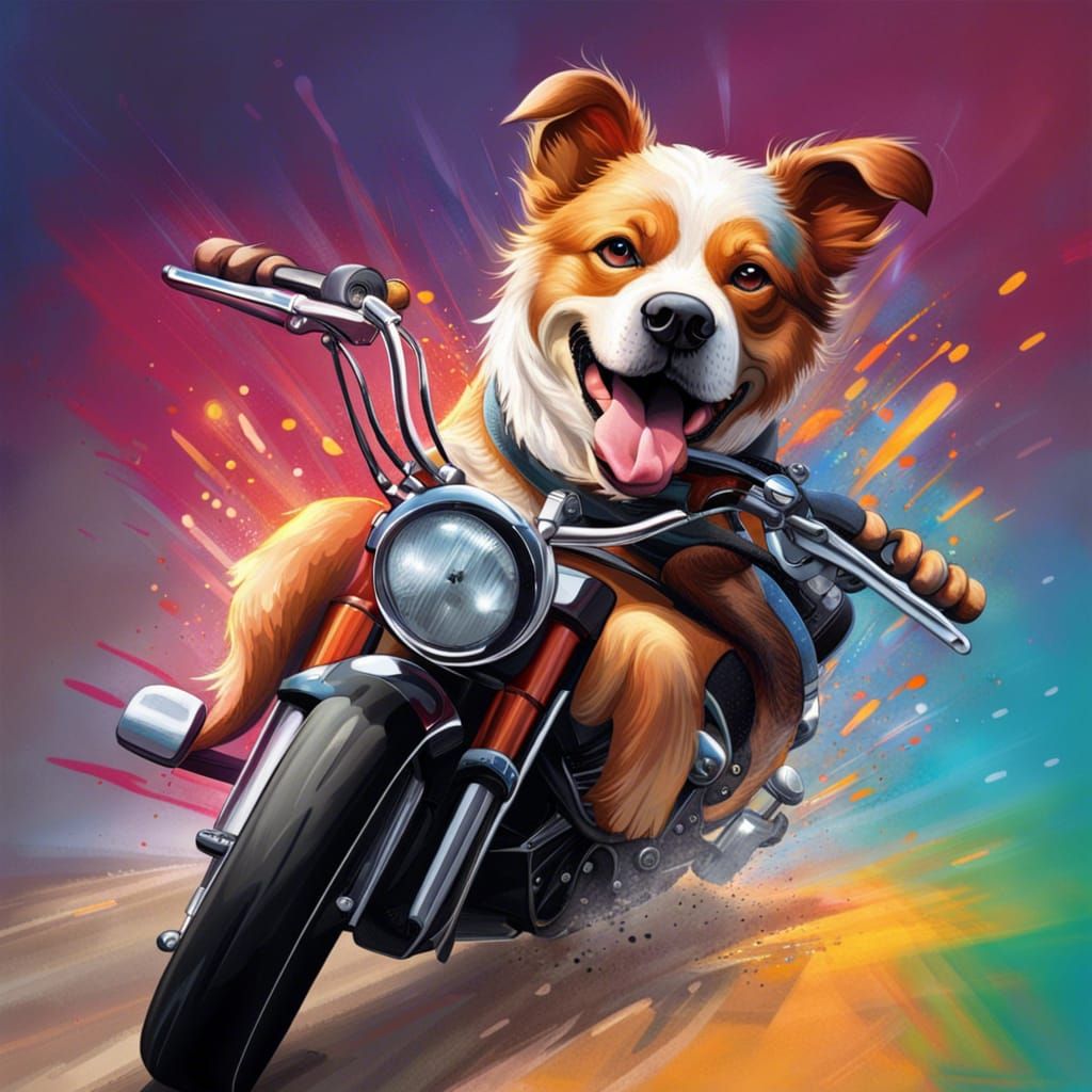 Dog Rides Motorcycle: Hyperrealistic Splash Art