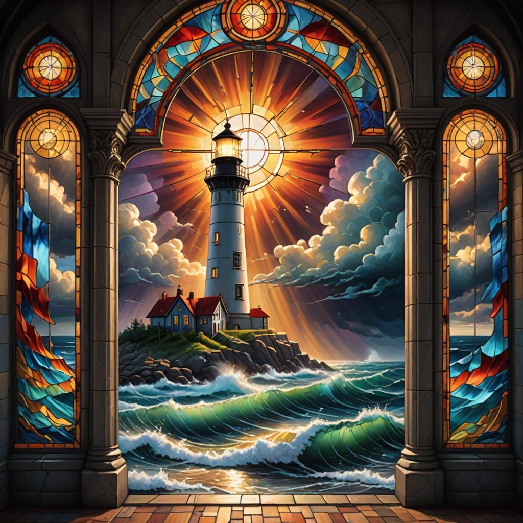 Stained-Glass Lighthouse in Stormy Seas Oil Painting