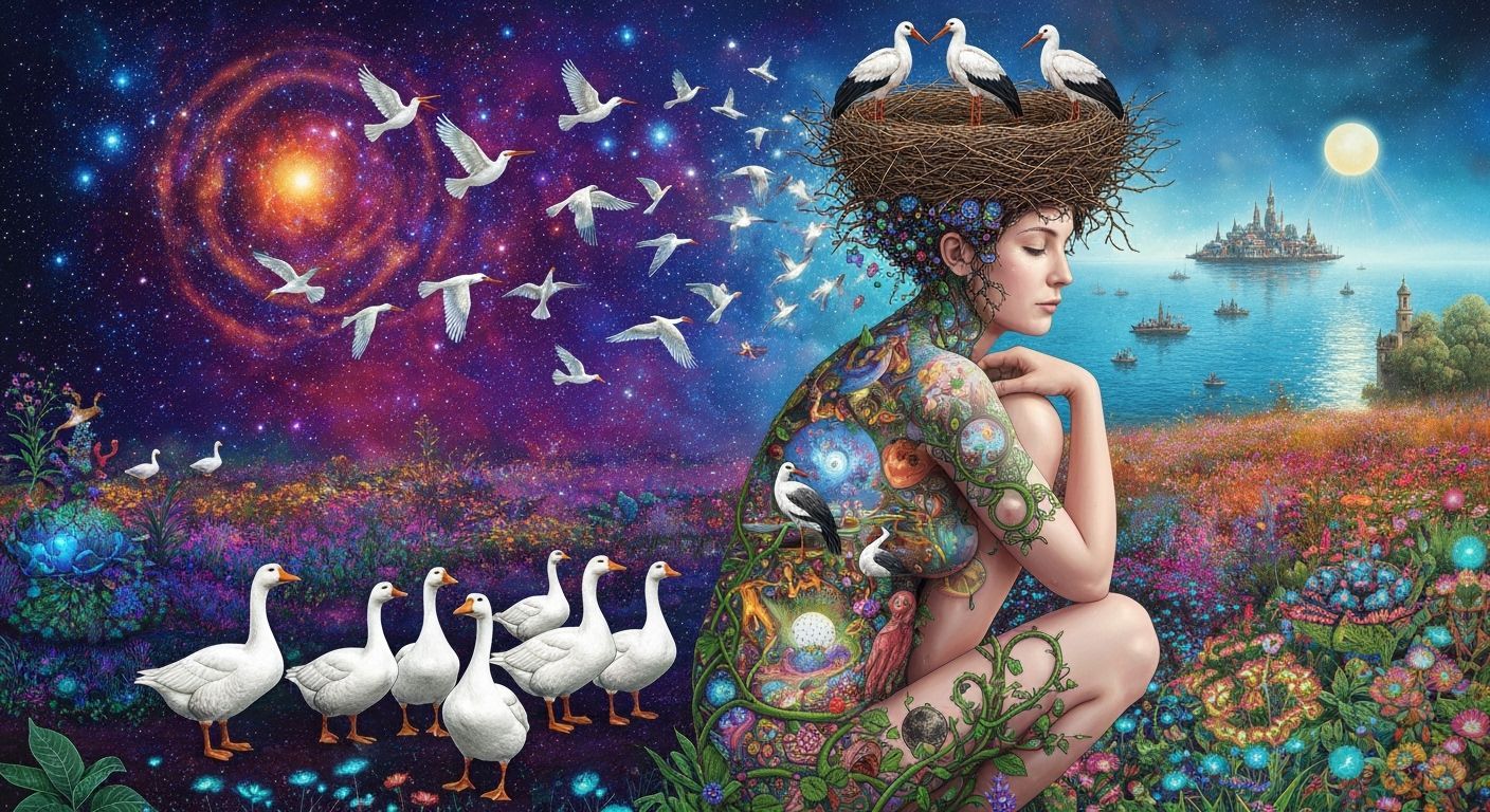 Surreal Woman Transforms into Birds Amid Cosmic Energy