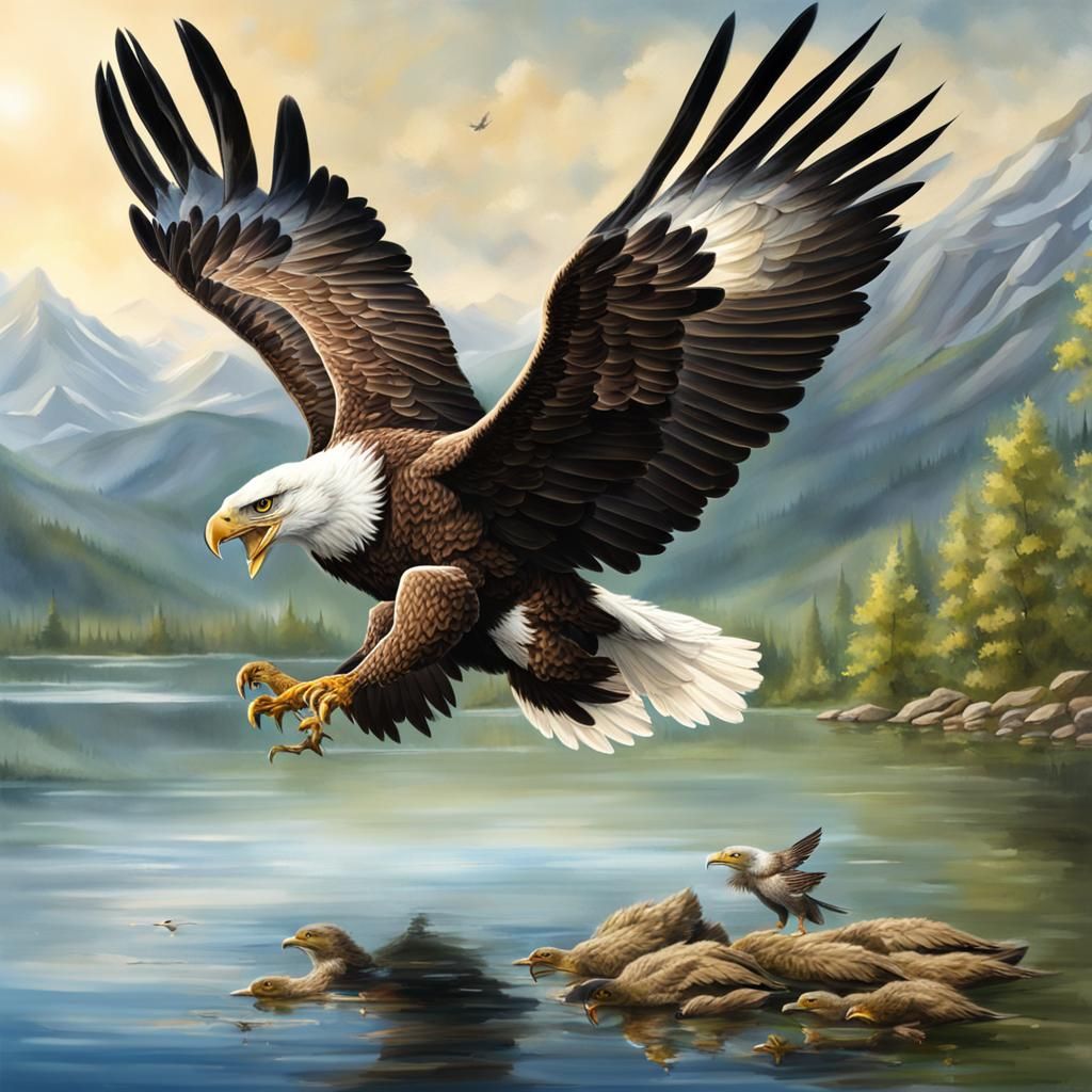 Eagle Soaring Over Lake With Fish
