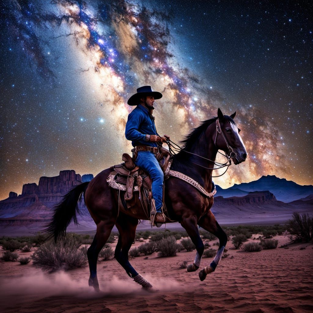 Cowboy Rides Under Milky Way: Anime HDR Scene
