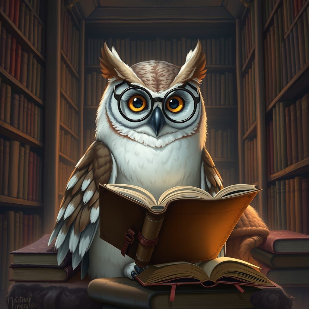 Majestic Owl Reads in Whimsical Library Setting