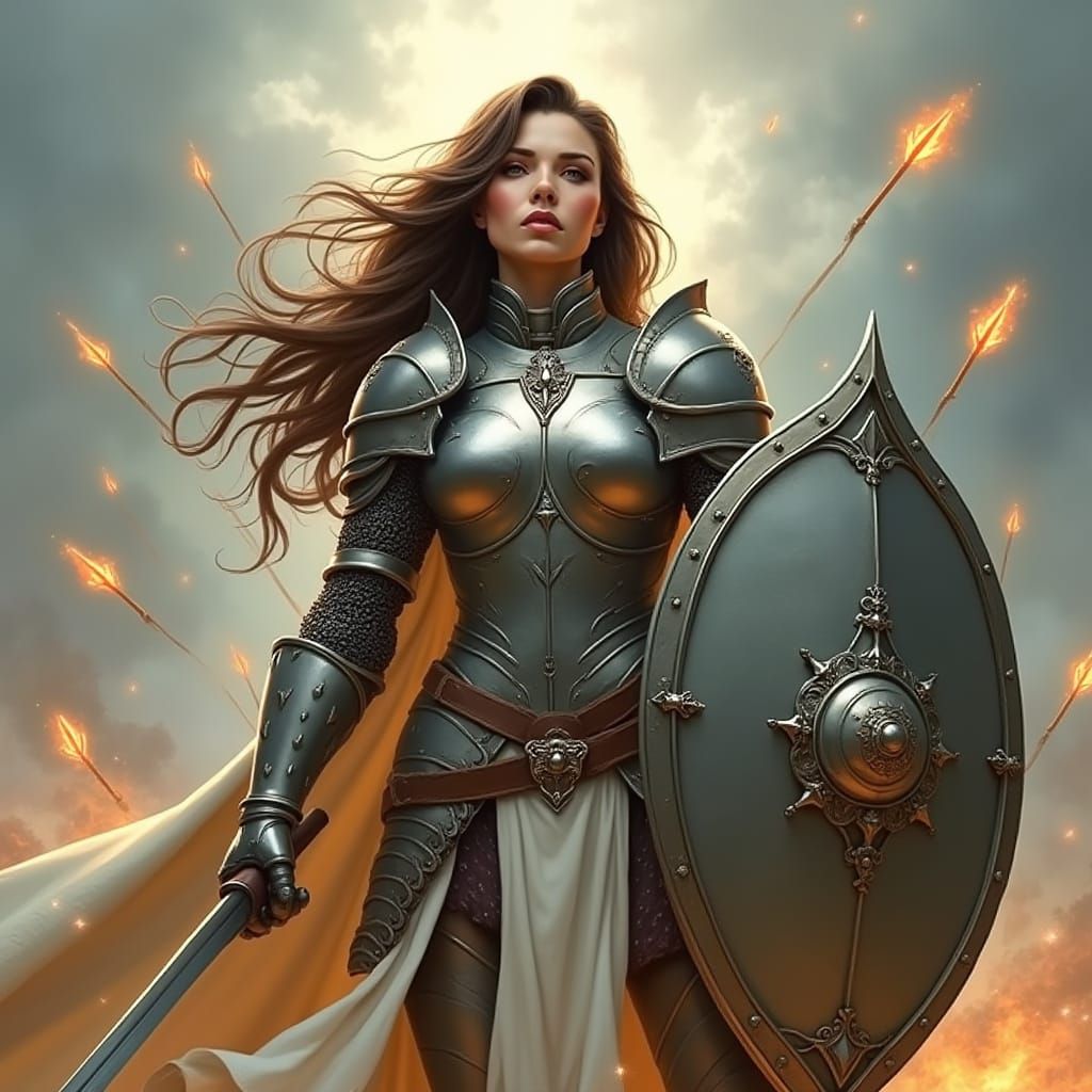 Armored Female Warrior Defends Against Flaming Arrows