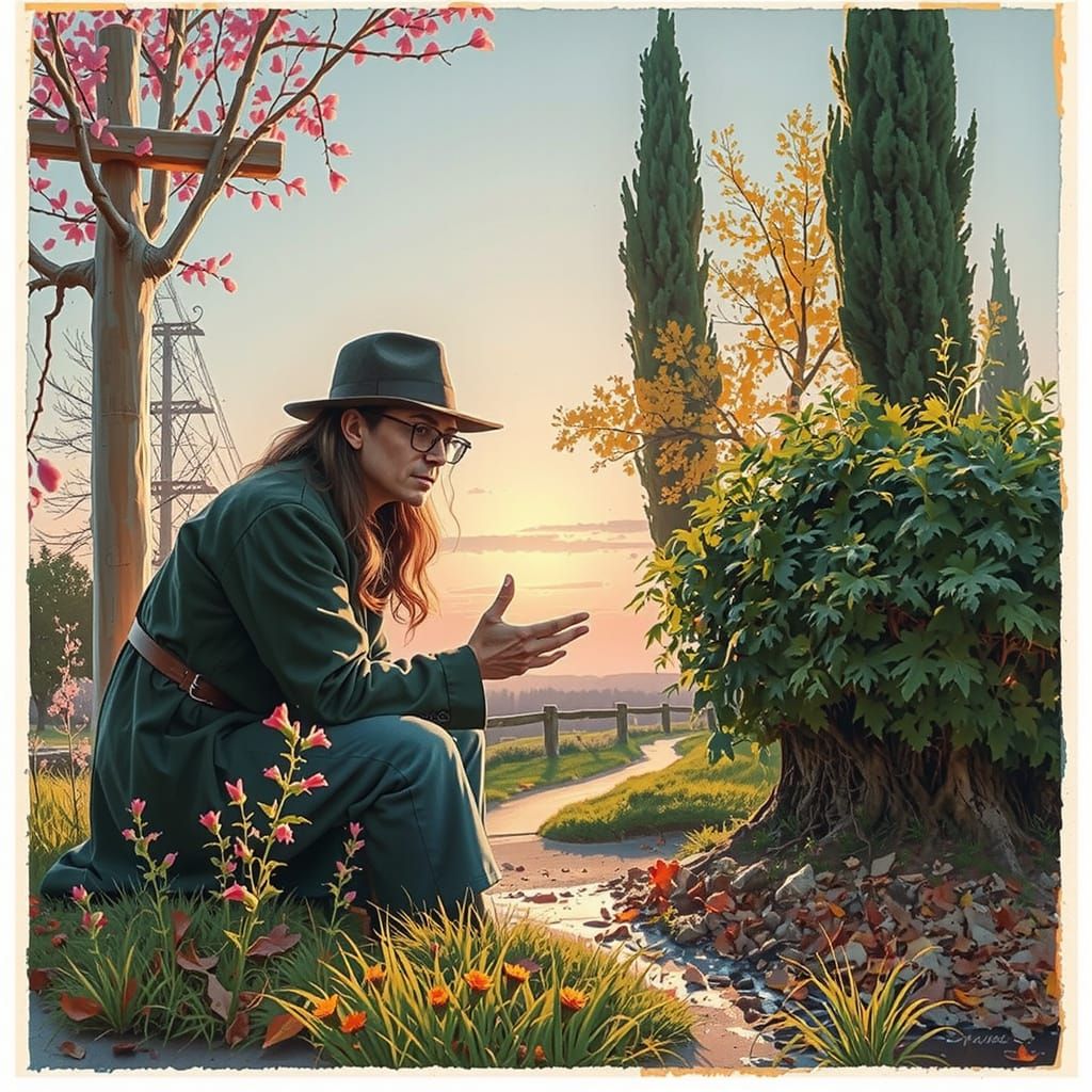 Etched Sketch of Witch Watching a Match