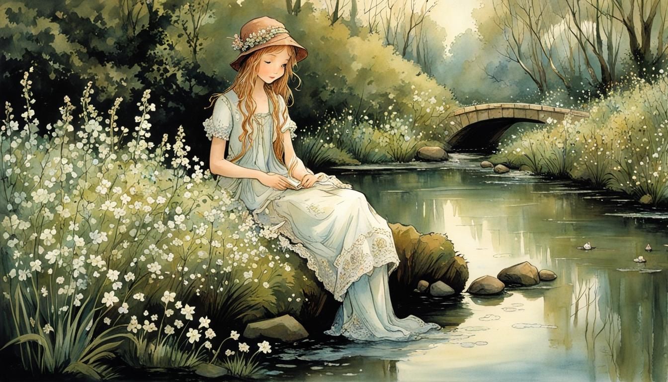 Girl by Stream, Intricate Storybook Illustration