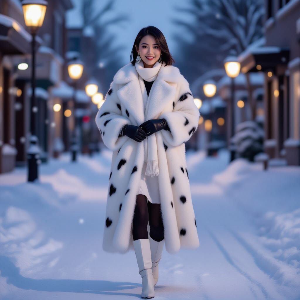 Young Asian Woman in White Fur Coat Walking in Snow