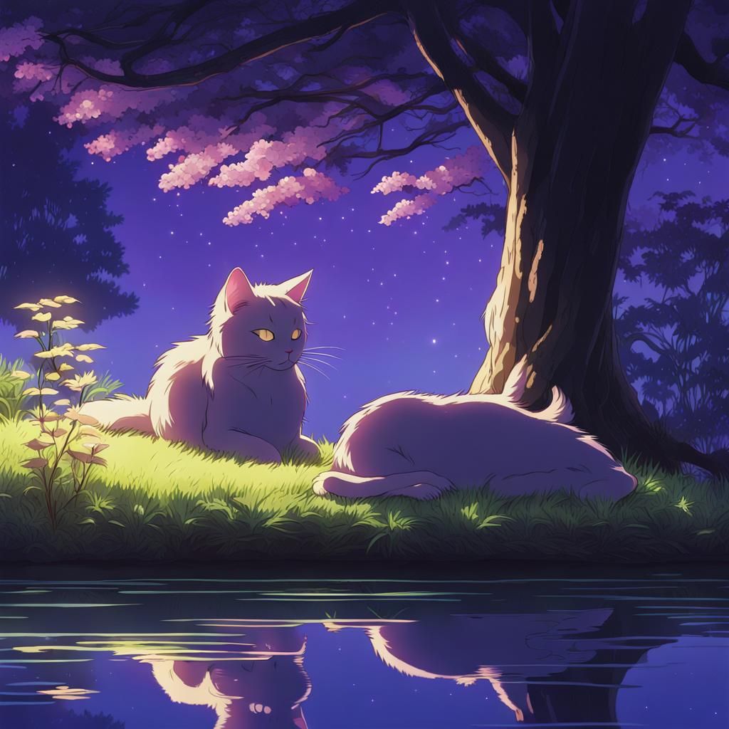 Cat Sleeping Under Tree: Ghibli Anime Visual
