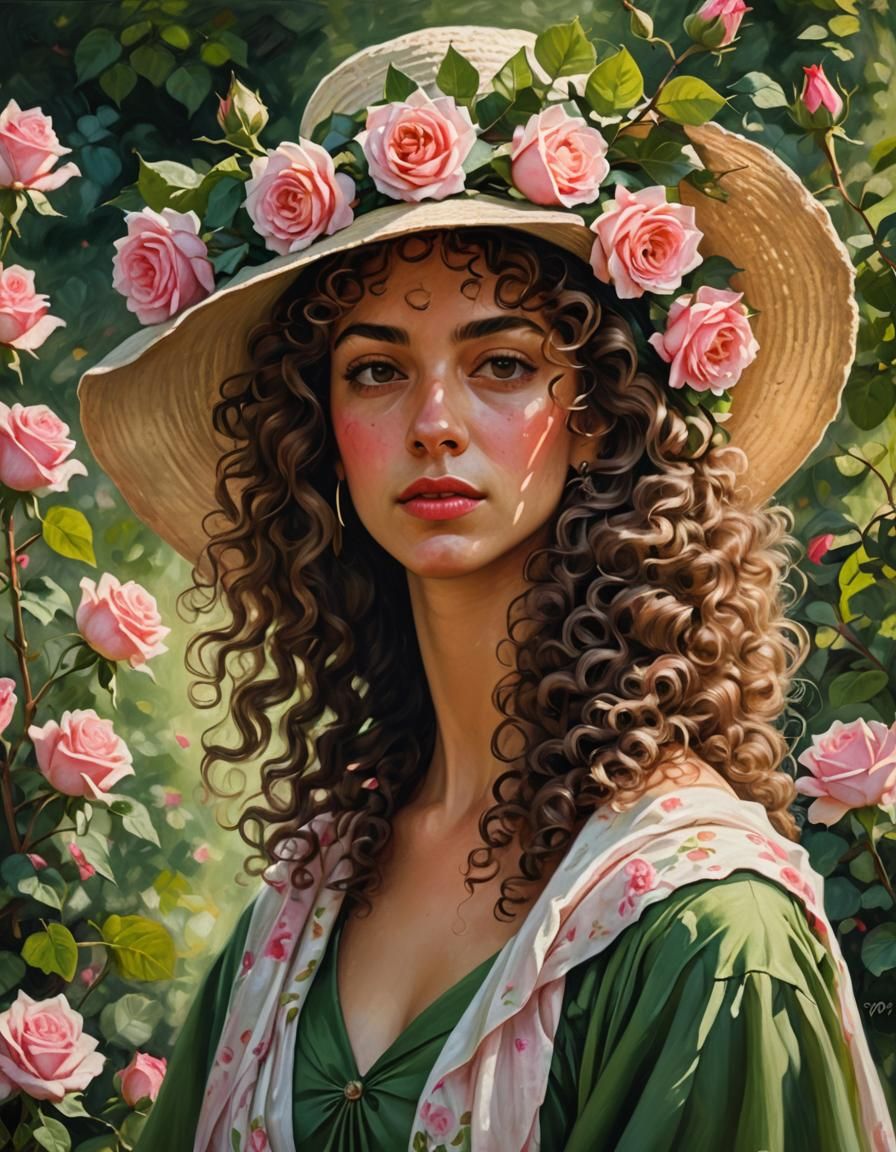 Woman with Roses Hat in Rembrandt Style