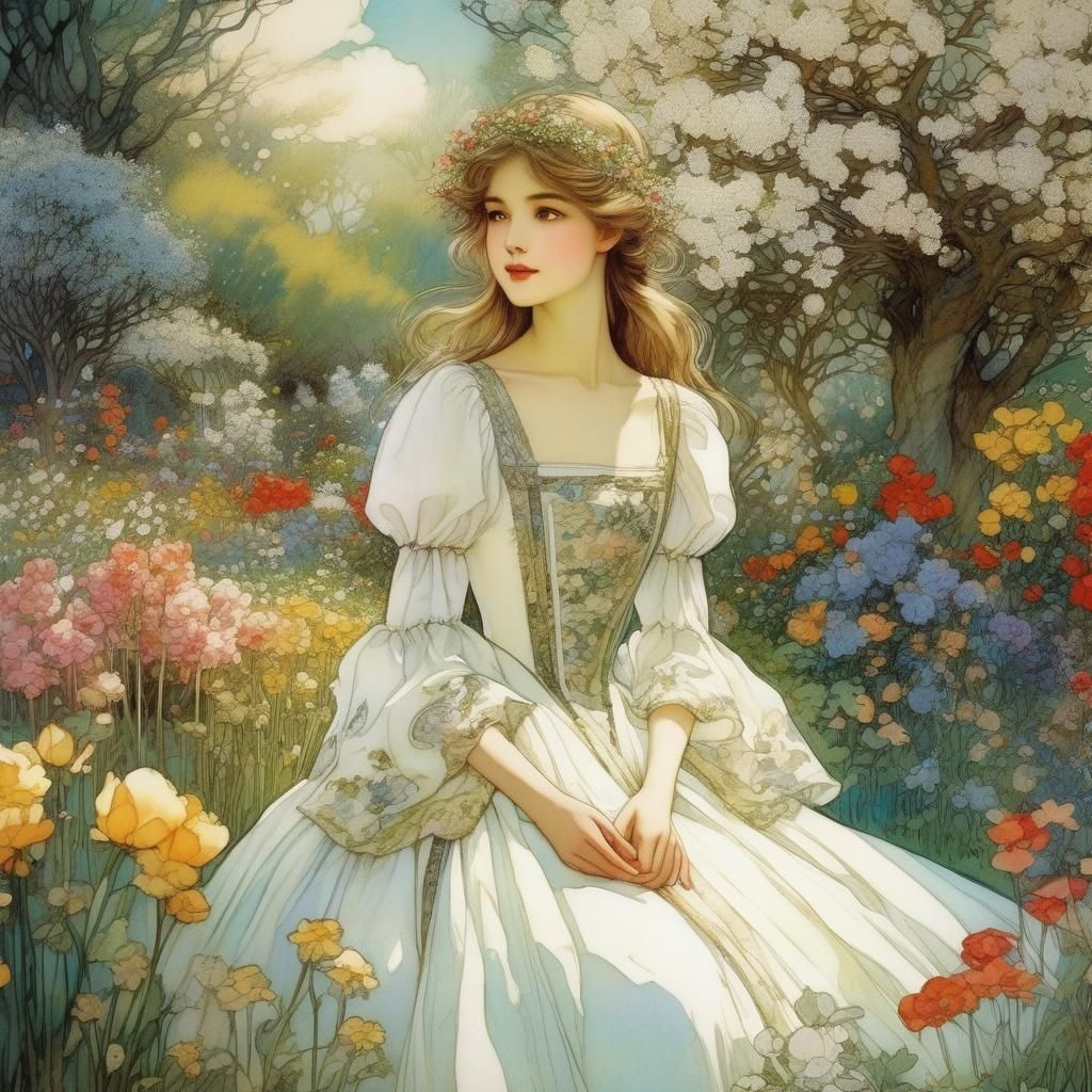 Fairytale Girl in Spring Garden, Anime Style