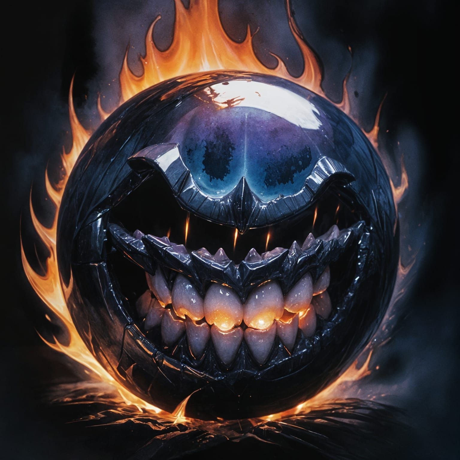 Dark Orb in Teeth with Black Flame Watercolor