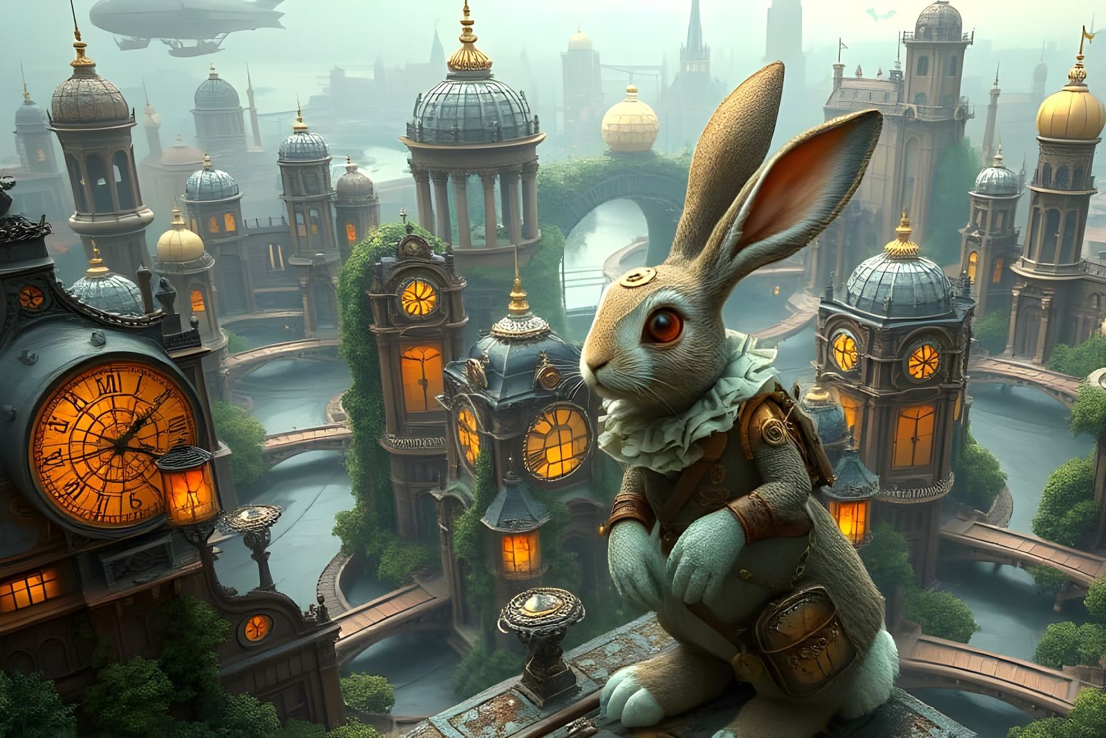 Aetherpunk Bunny in Clockwork Cityscape