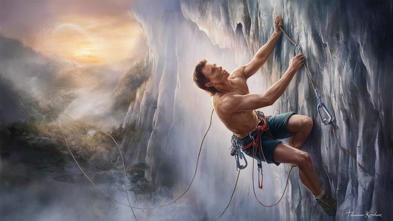 Mountaineer's Exhilarating Climb in a Fantasy Landscape