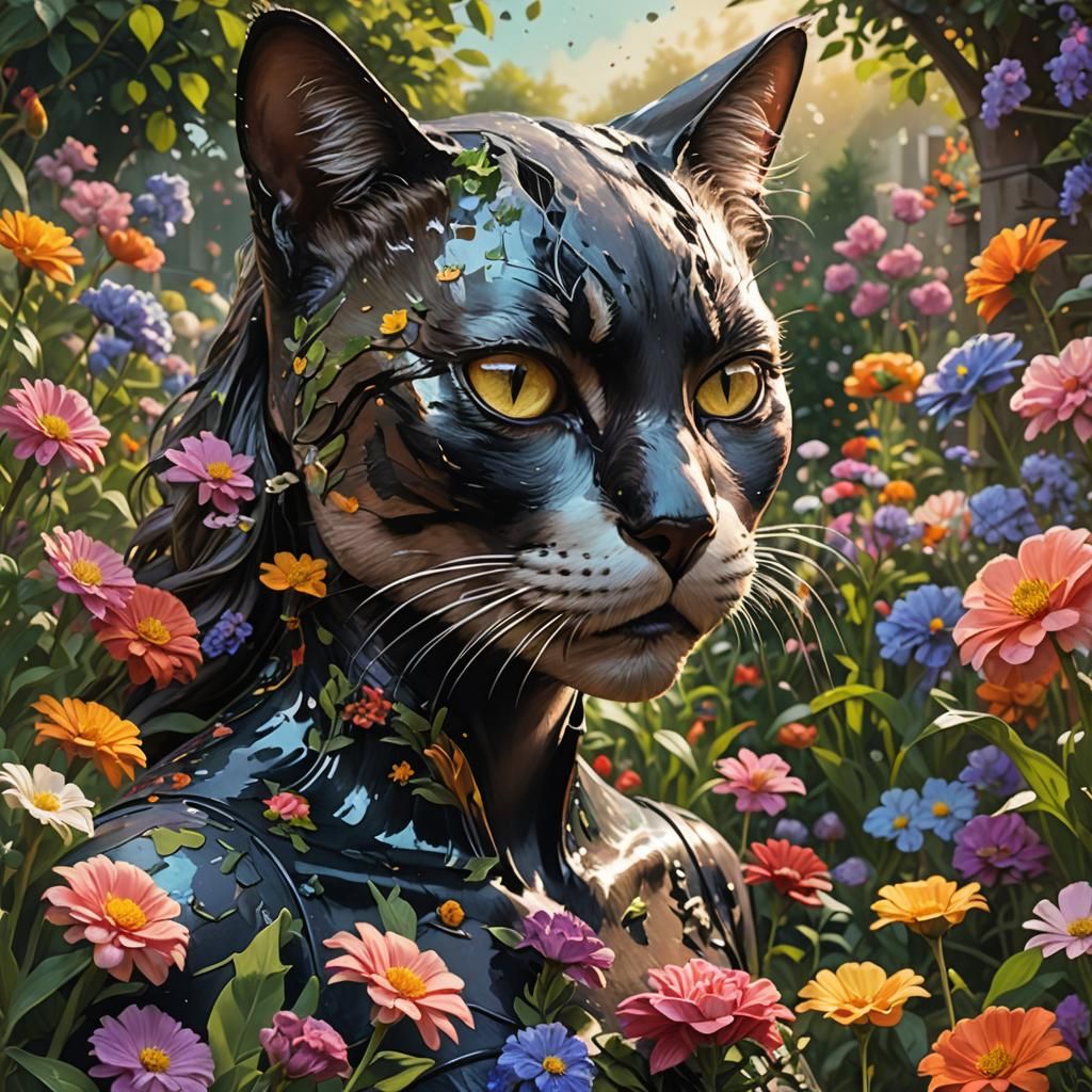 Hyperrealistic Cat Woman Smelling Flowers in Garden