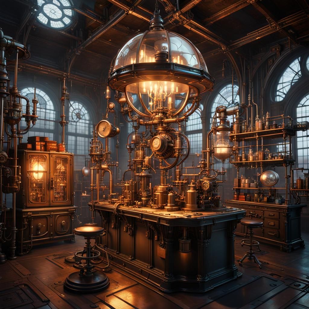 Elegant Steampunk Laboratory with Volumetric Lighting