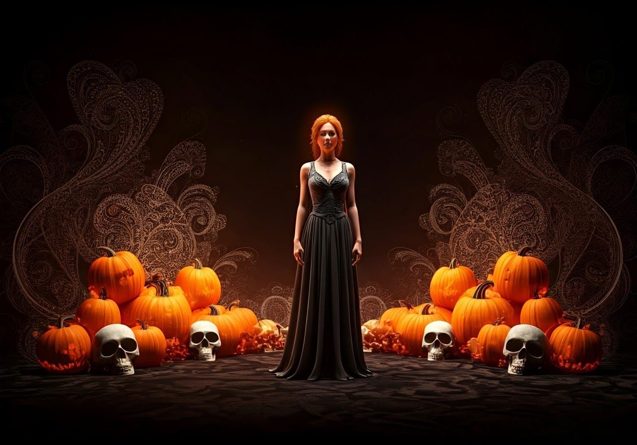 Elegantly Dressed Woman in Mystical Halloween Scene