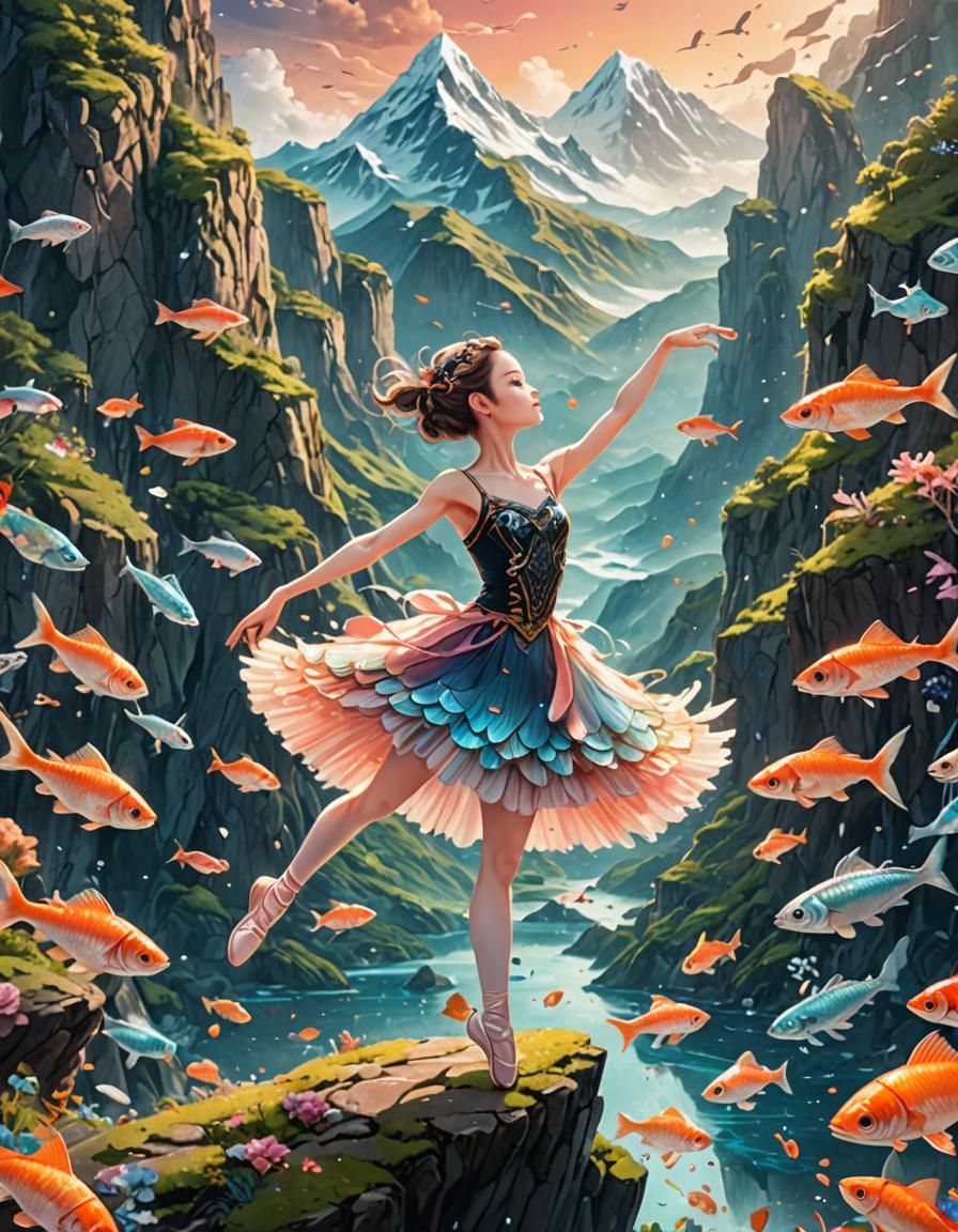 Anime Ballerina on a Mountain of Fish