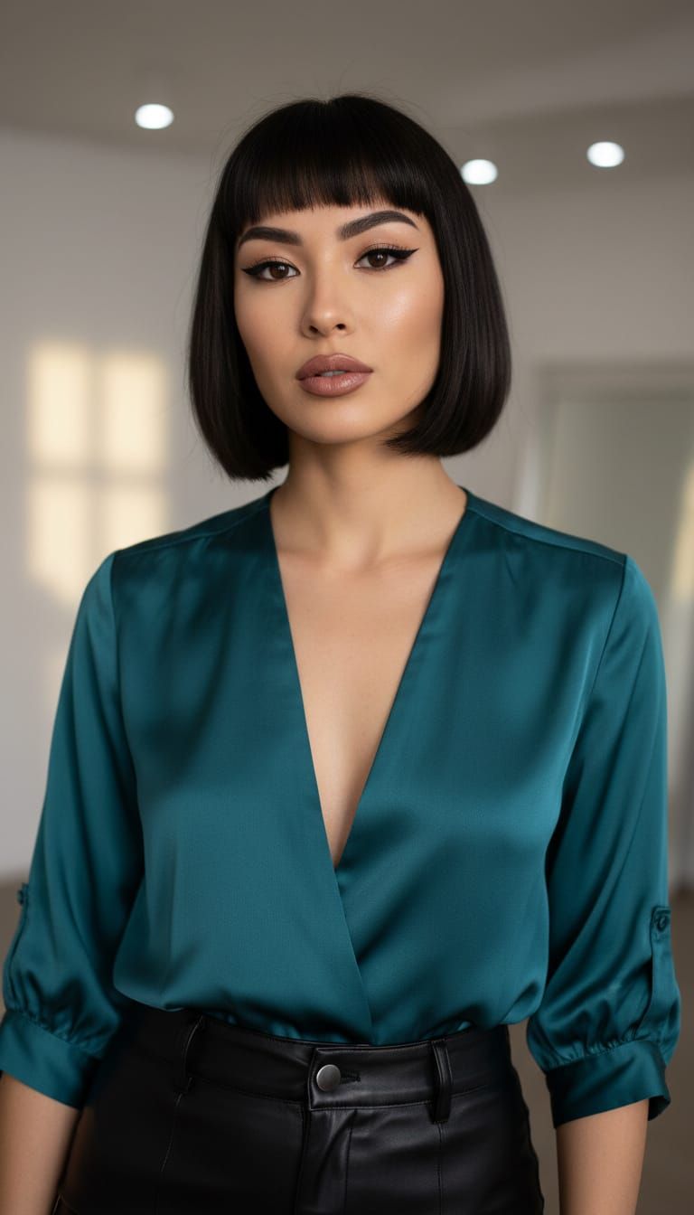 Striking Woman with Bob Haircut and Leather Pants