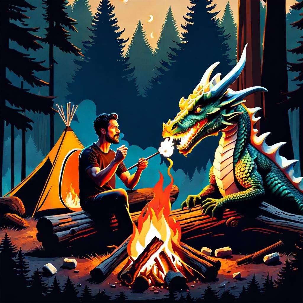 Friendly Dragon Roasting Marshmallow, Photorealistic Digital...