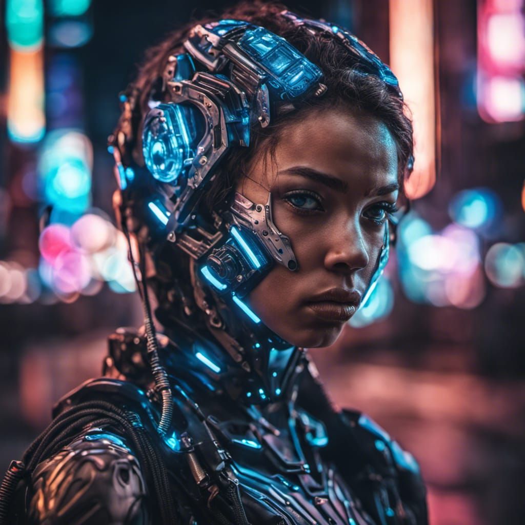Neon City Cyborg Girl Portrait in Hyperrealistic Style
