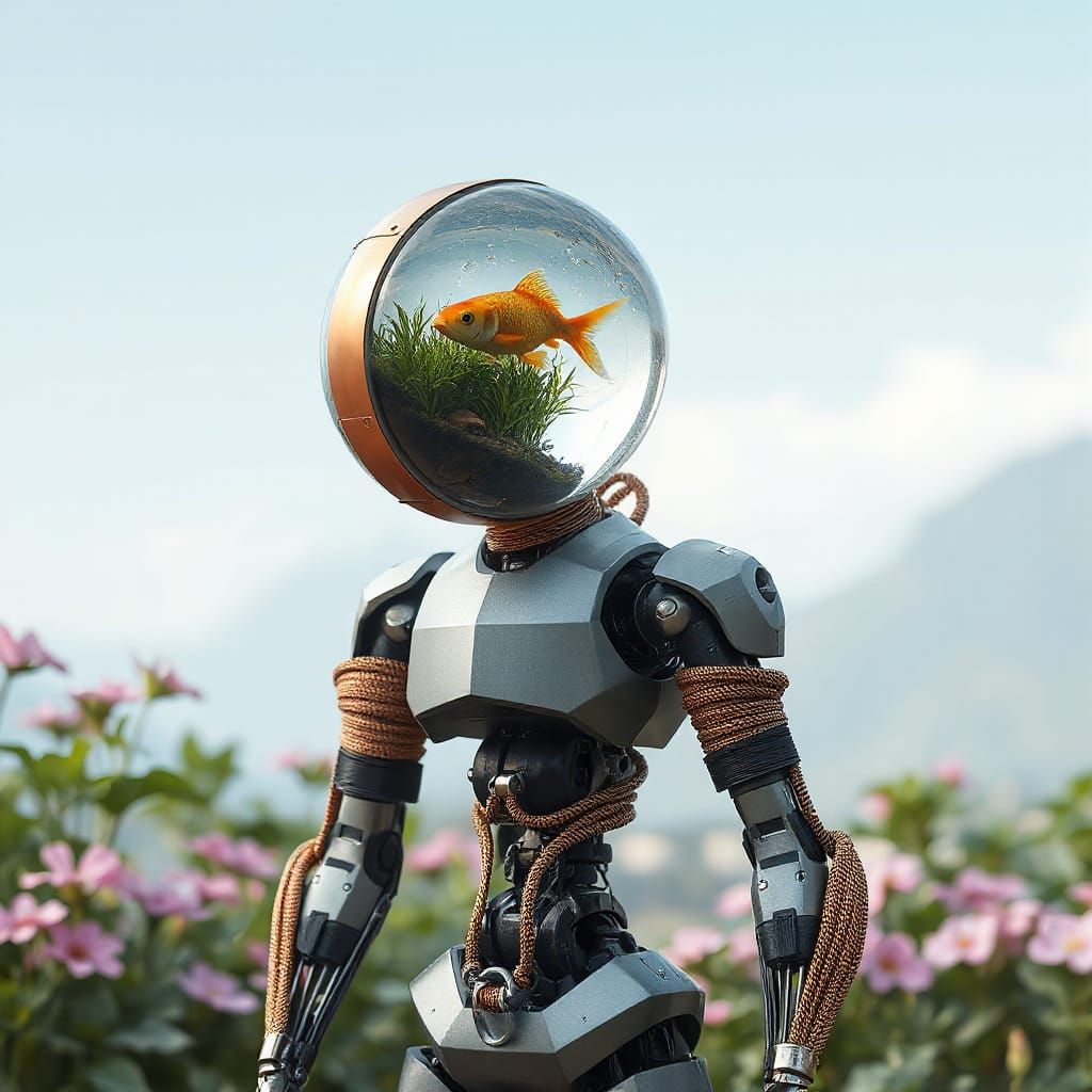 Futuristic Robot with Aquatic Head in Garden