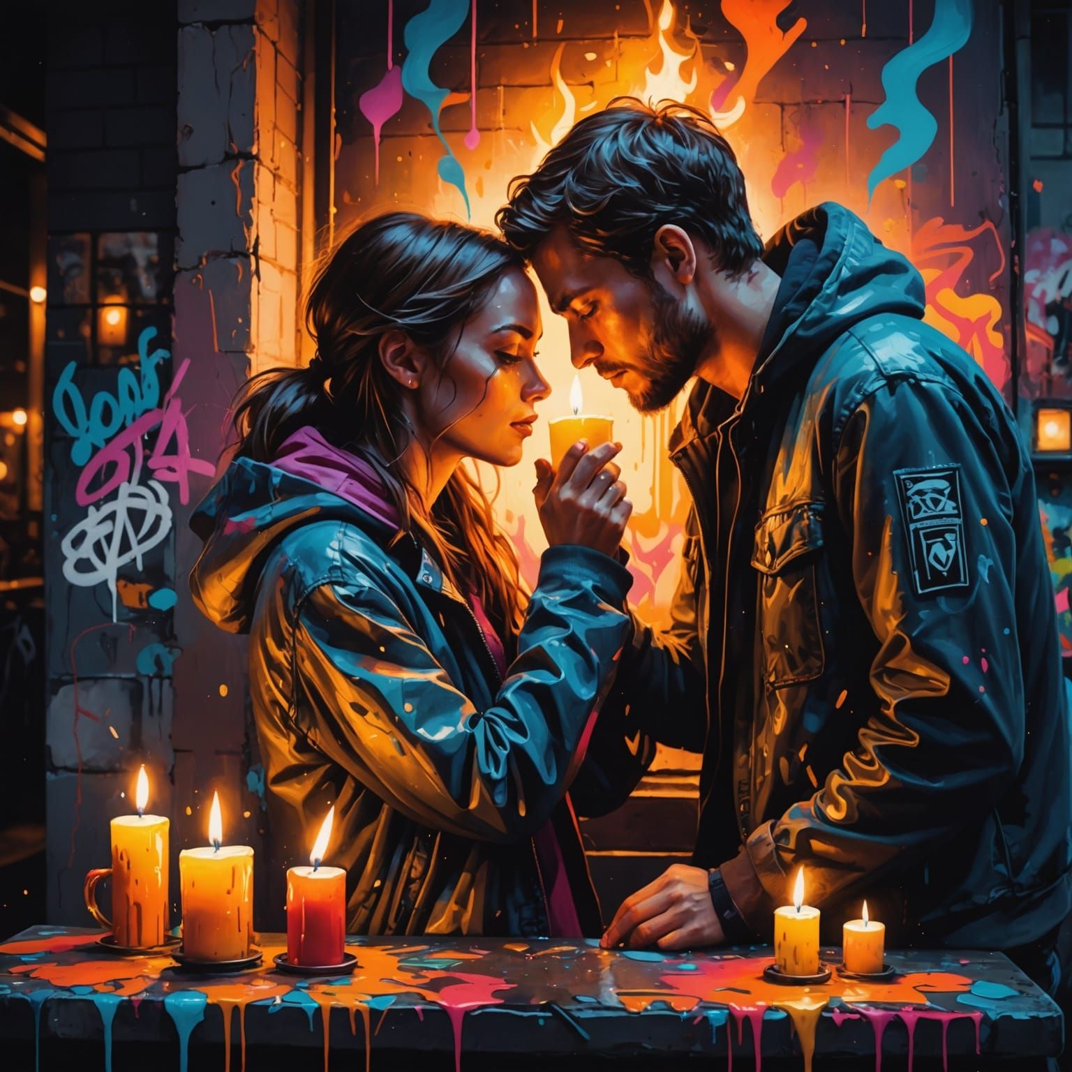 Romantic Couple by Candlelight in Graffiti Art