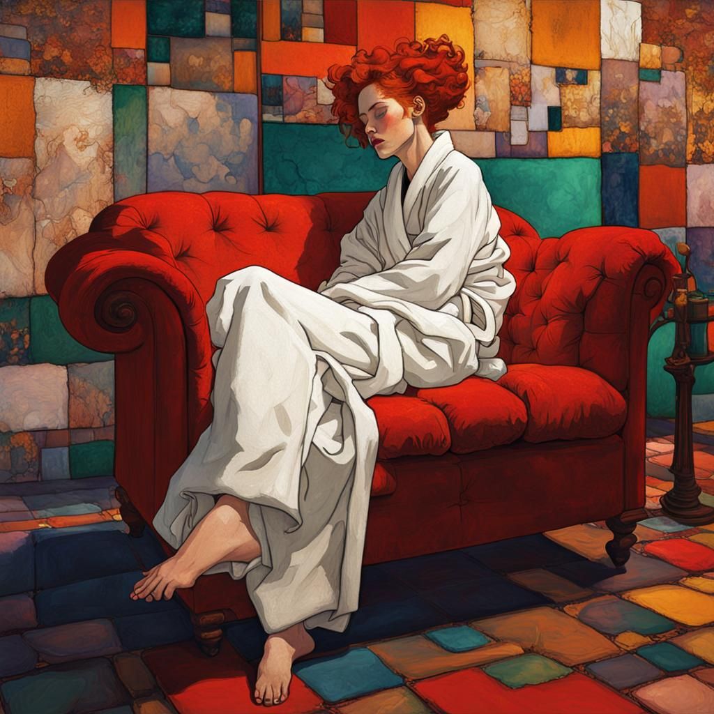 Woman Sleeping on Sofa in Expressionist Style