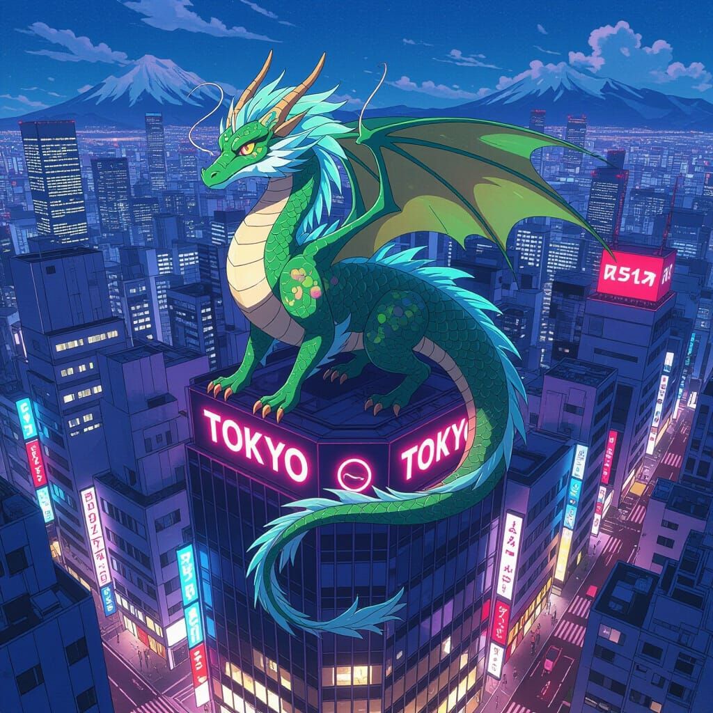 Anime Dragon on Tokyo Skyscraper in Ghibli Style
