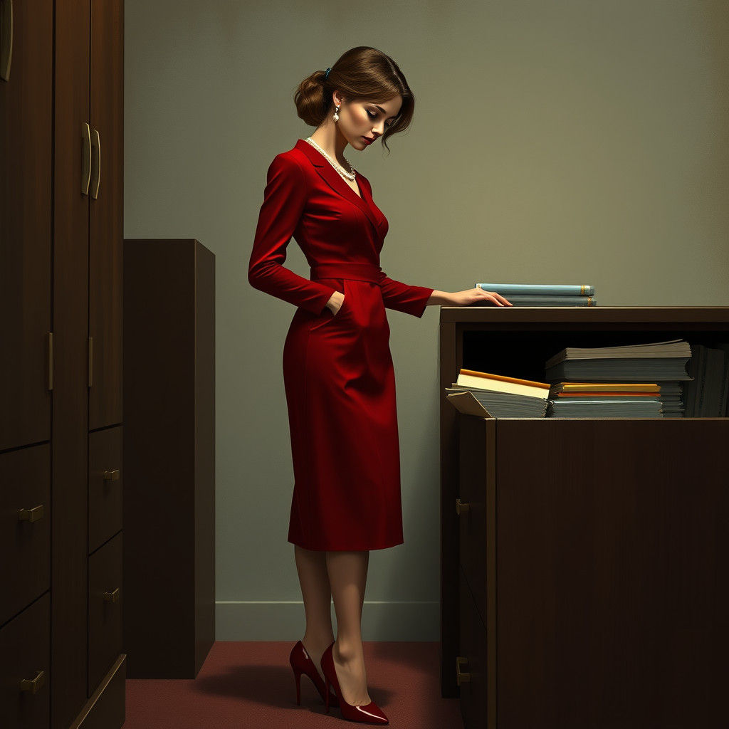 Woman in Red Dress Sorting Files