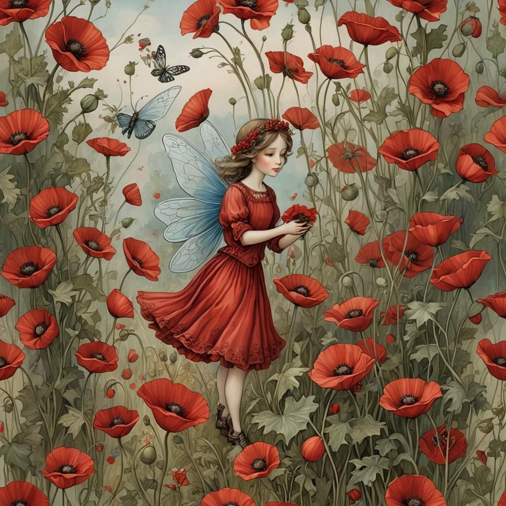 Red Fairy Tending Poppies, Classic Illustration