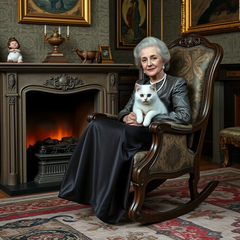 Старенька бабуся сидить біля каміна в красивому кріслі-гойда...