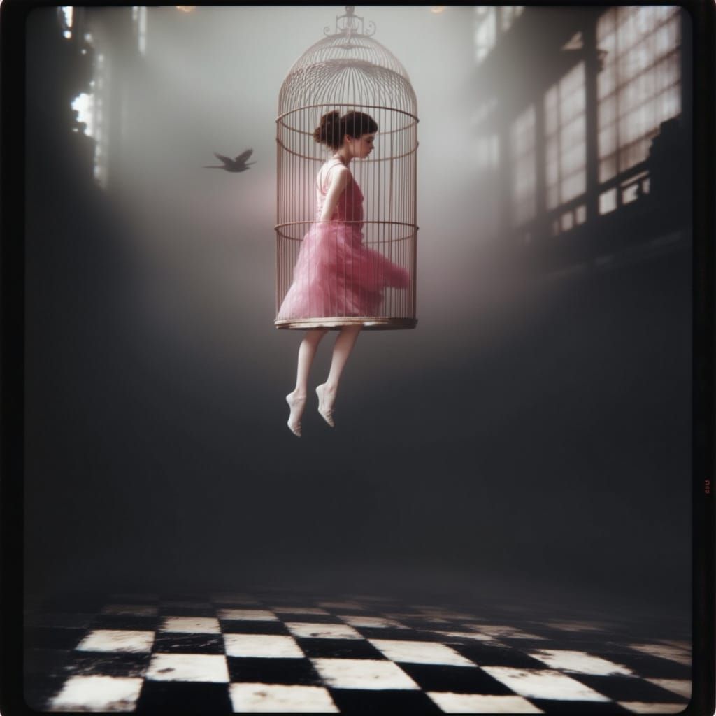 Surreal Moonlit Birdcage Scene in Muted Colors