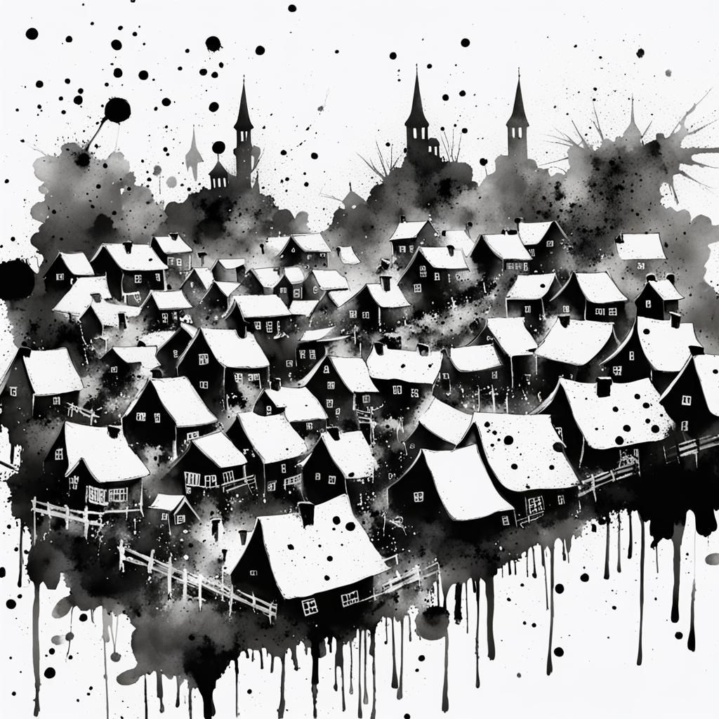 Ink Splatter Village: Abstract Landscape Art