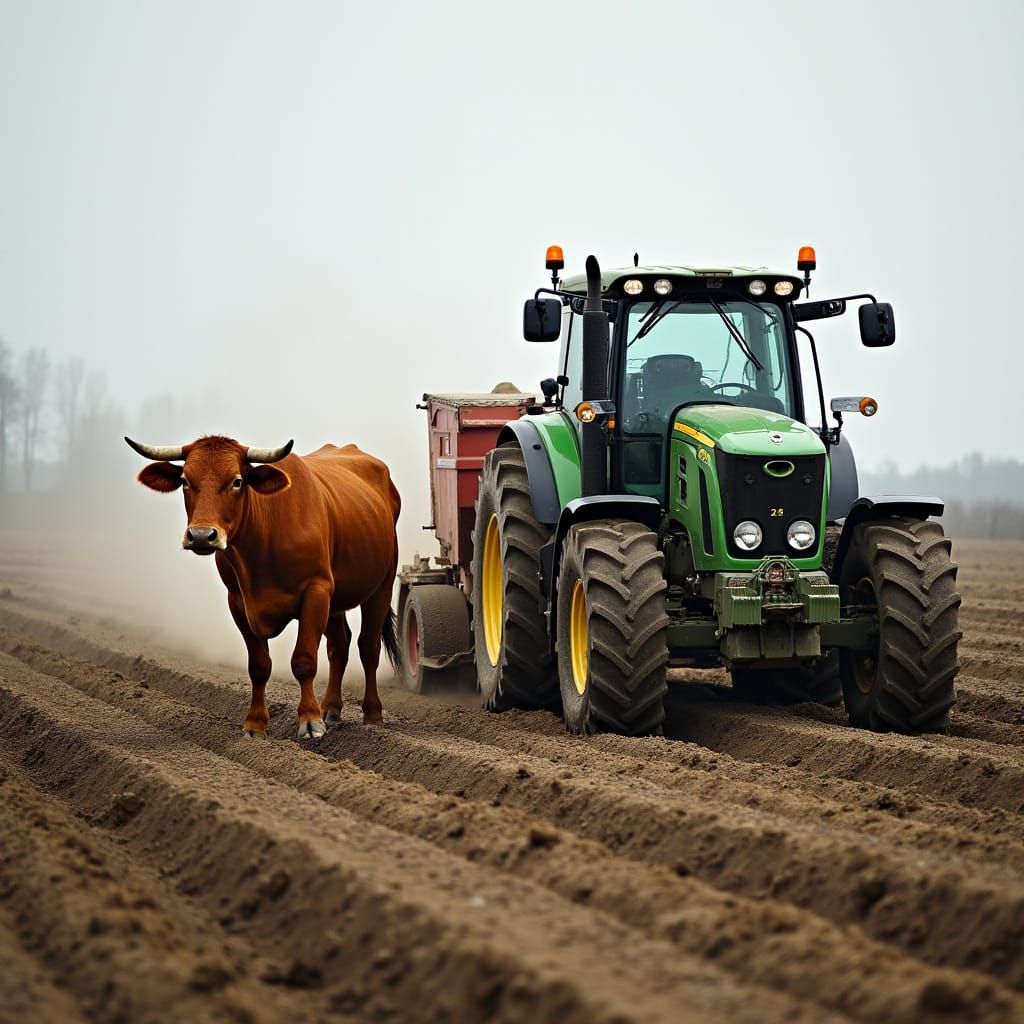 Oxen and Tractor Ploughing: Past Meets Future