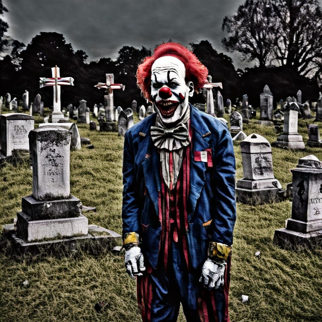 Haunted Clown in a Moonlit Cemetery
