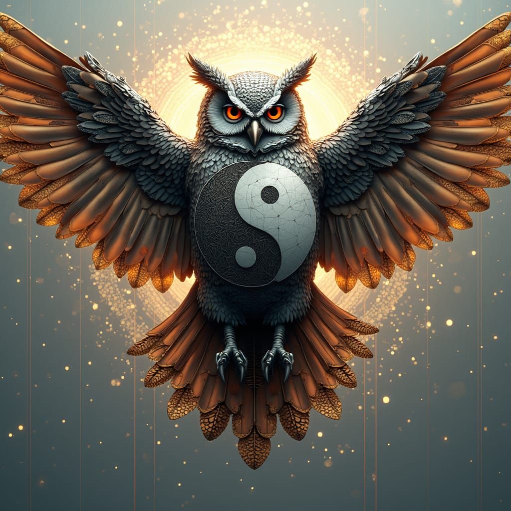 Yin Yang Robotic Owl with Iridescent Feathers