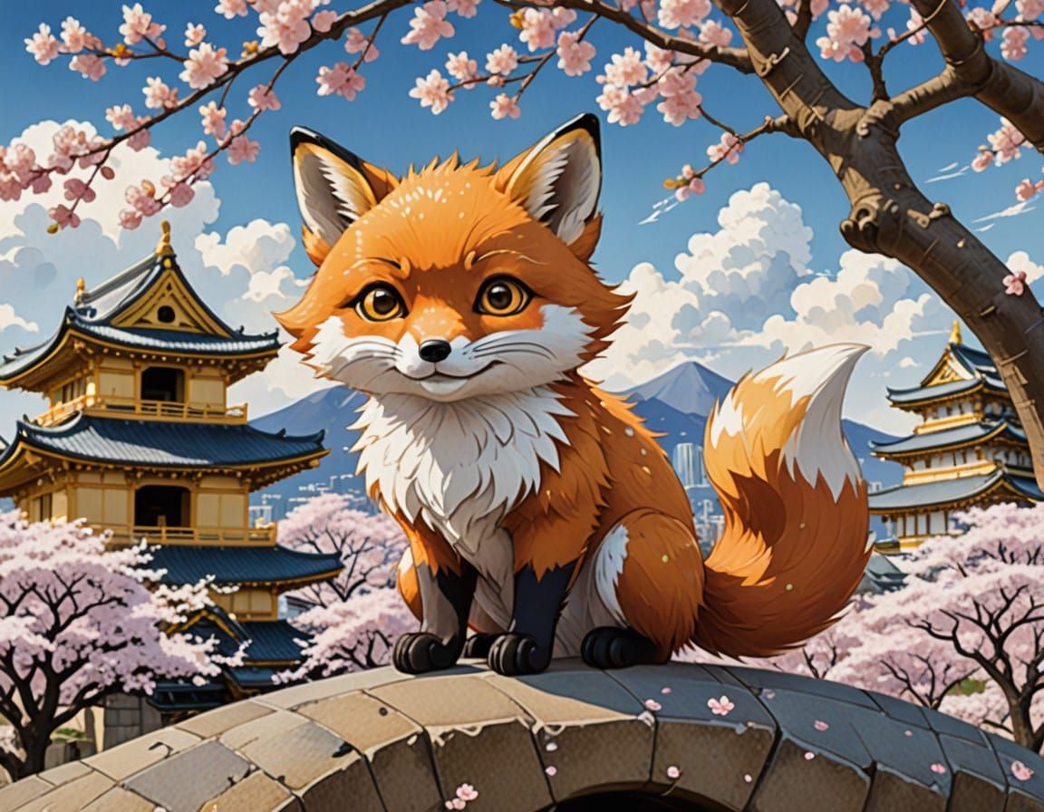 Whimsical Fox Amidst Cherry Blossoms in Osaka Castle