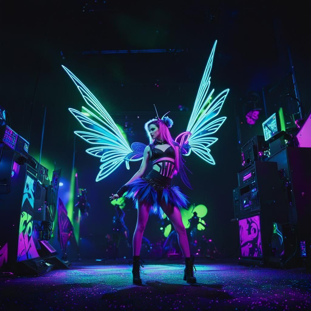 Neon Fairies Dancing in Polychromatic Night Sky