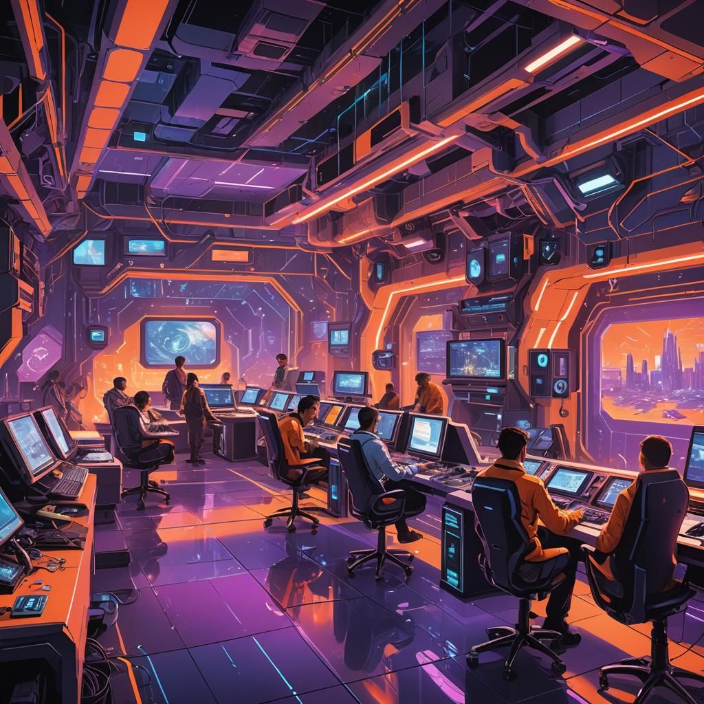 Futuristic Computer Room Concept Art in Neon Colors
