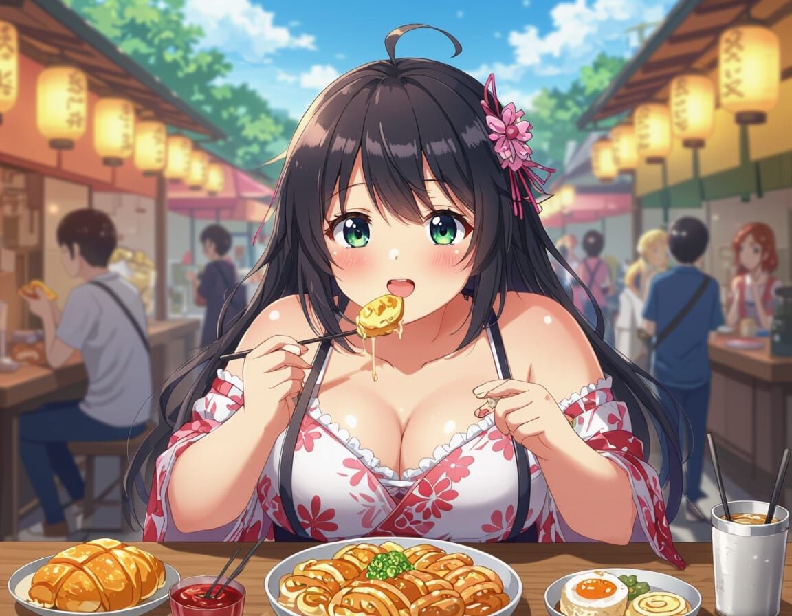 Anime Girl Enjoys Festive Food Feast