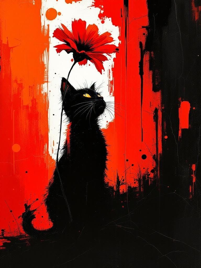 Cat Under Flower: Explosive Paint and Stark Silhouettes