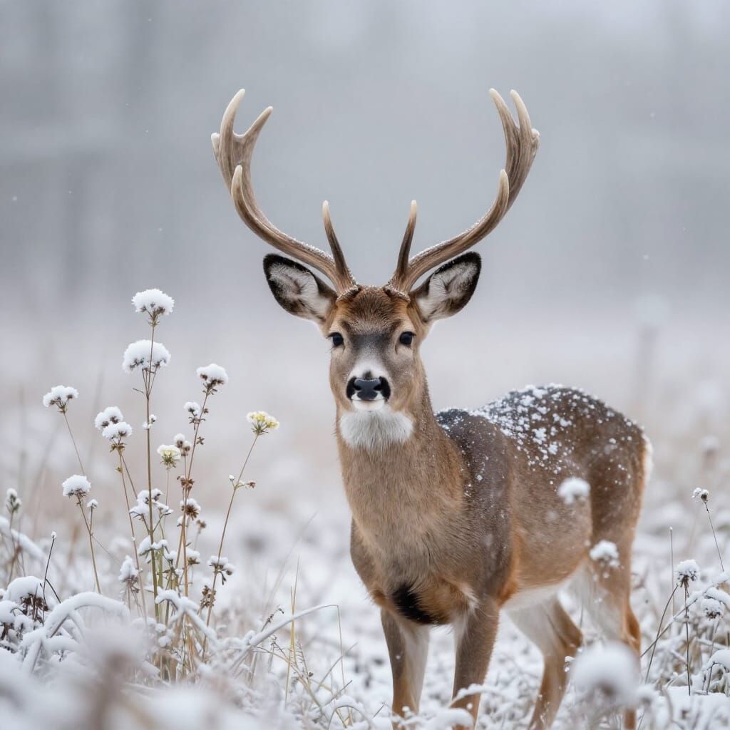 Young Deer in Snowy Misty Landscape