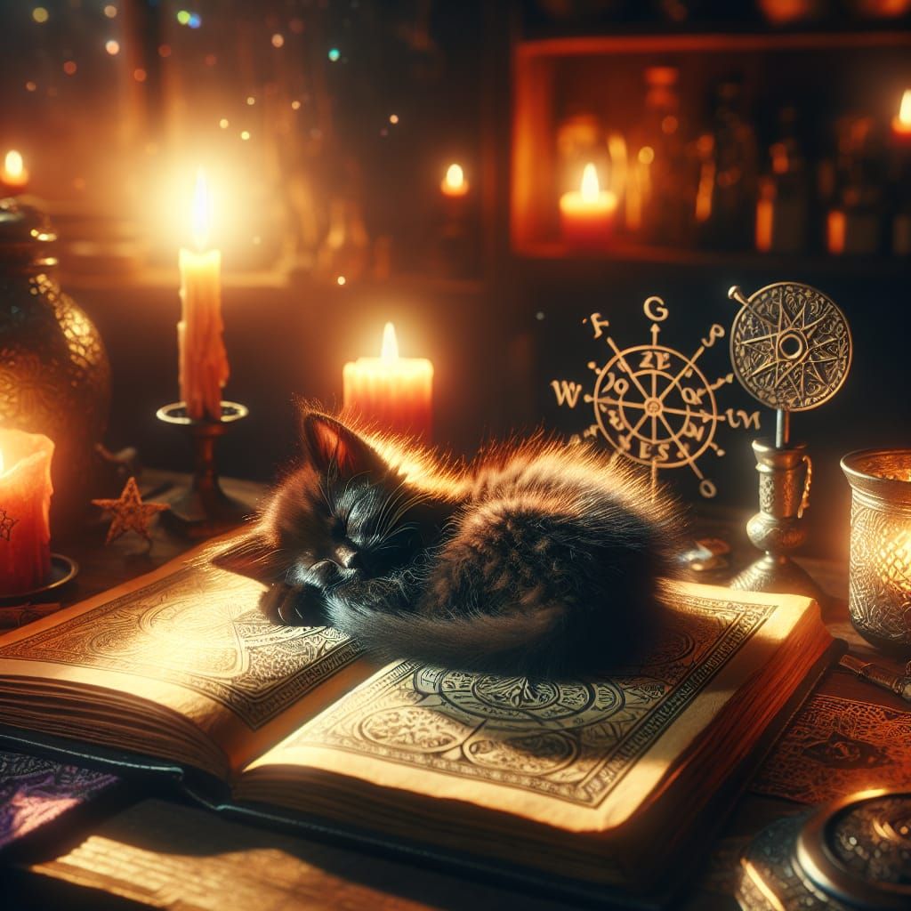 Cute Kitten Sleeping in Witch's Cozy Kitchen